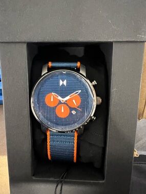 NEW MVMT Chrono Blue Date Dial Blue/Orange Nylon Men Minimalist Watch.